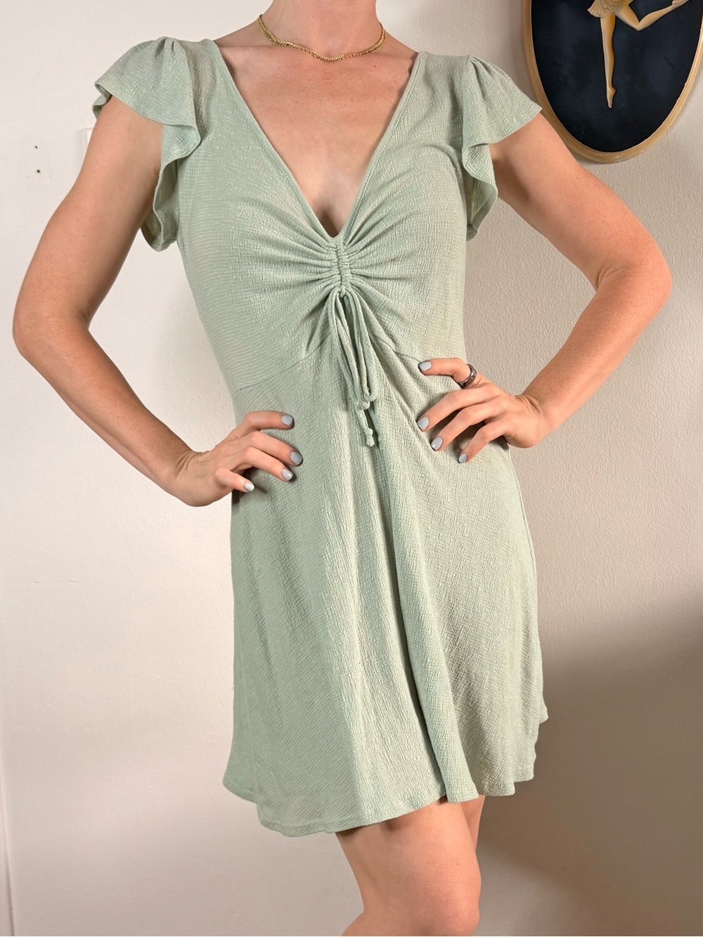 Sage Ruched V-Neck Mini Dress with Flutter Sleeves